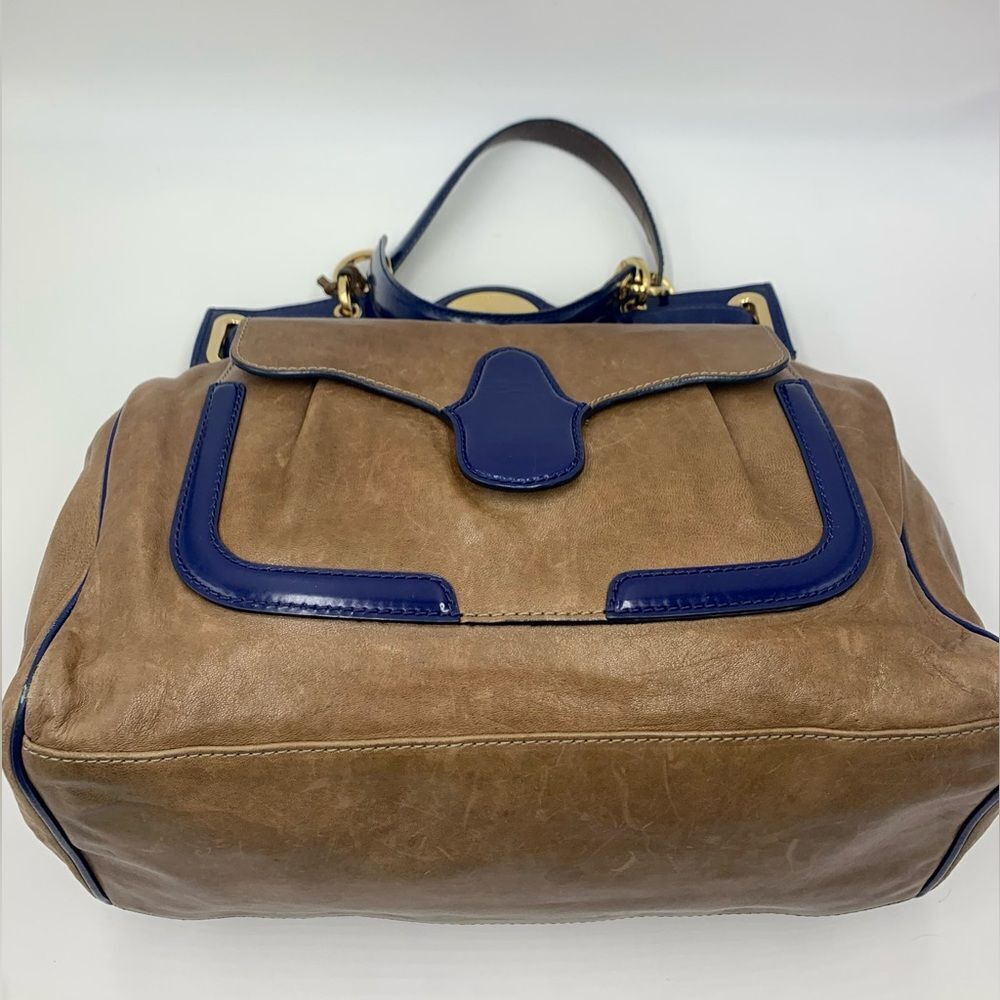 Auth Balenciaga Smooth Brown Leather Navy Patent Top Handle Moon Bag Preloved - Picture 11 of 14